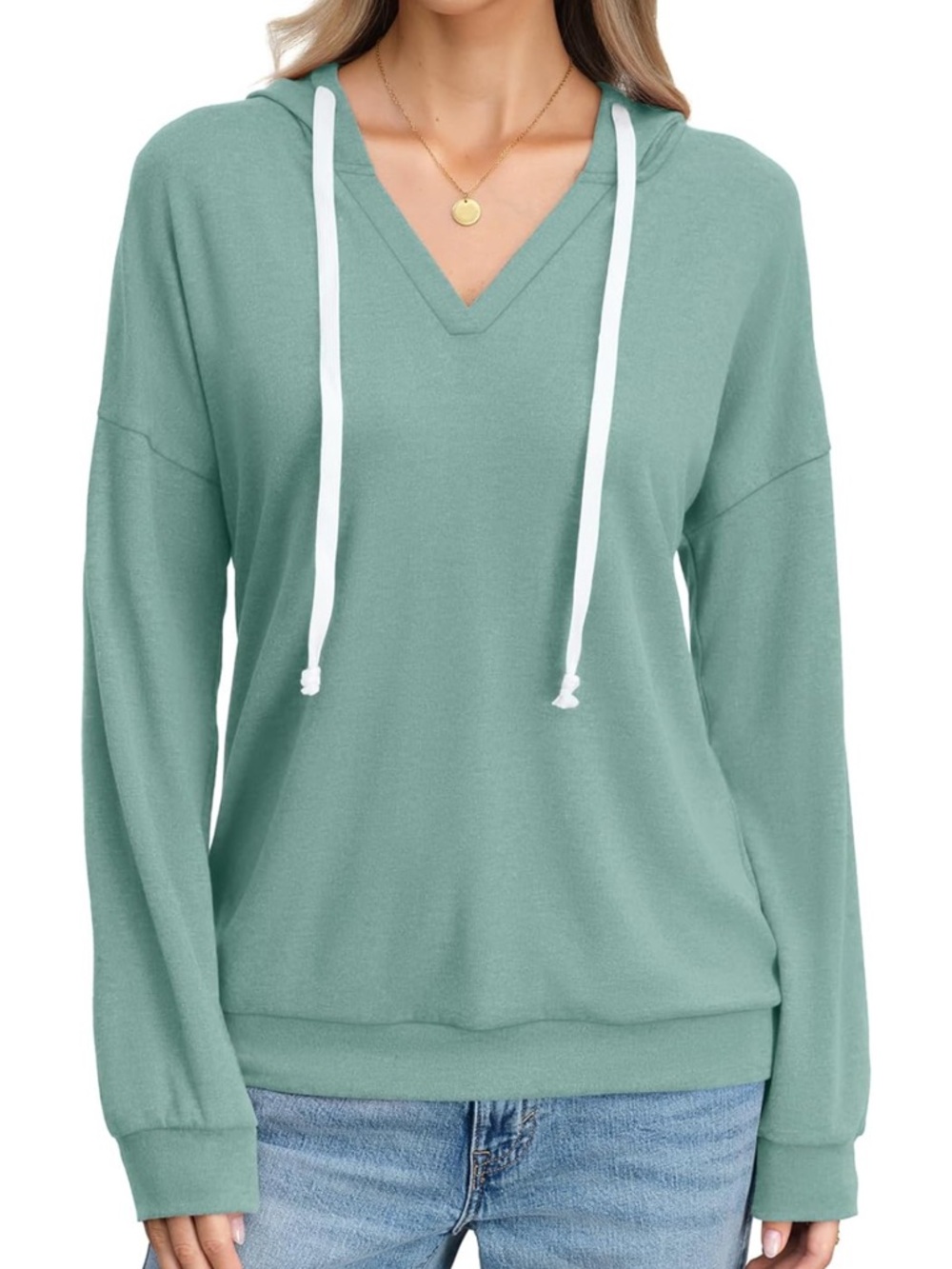 EASYGALA Mint Green V Neck Hoodie Long Sleeve Top XL
